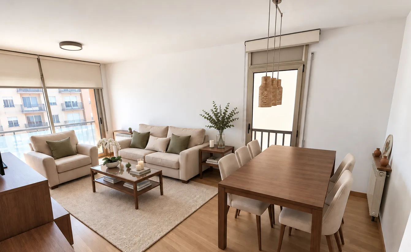 Après&nbsp;: salon aux murs neutres, canapé avec coussins, tapis et table à manger